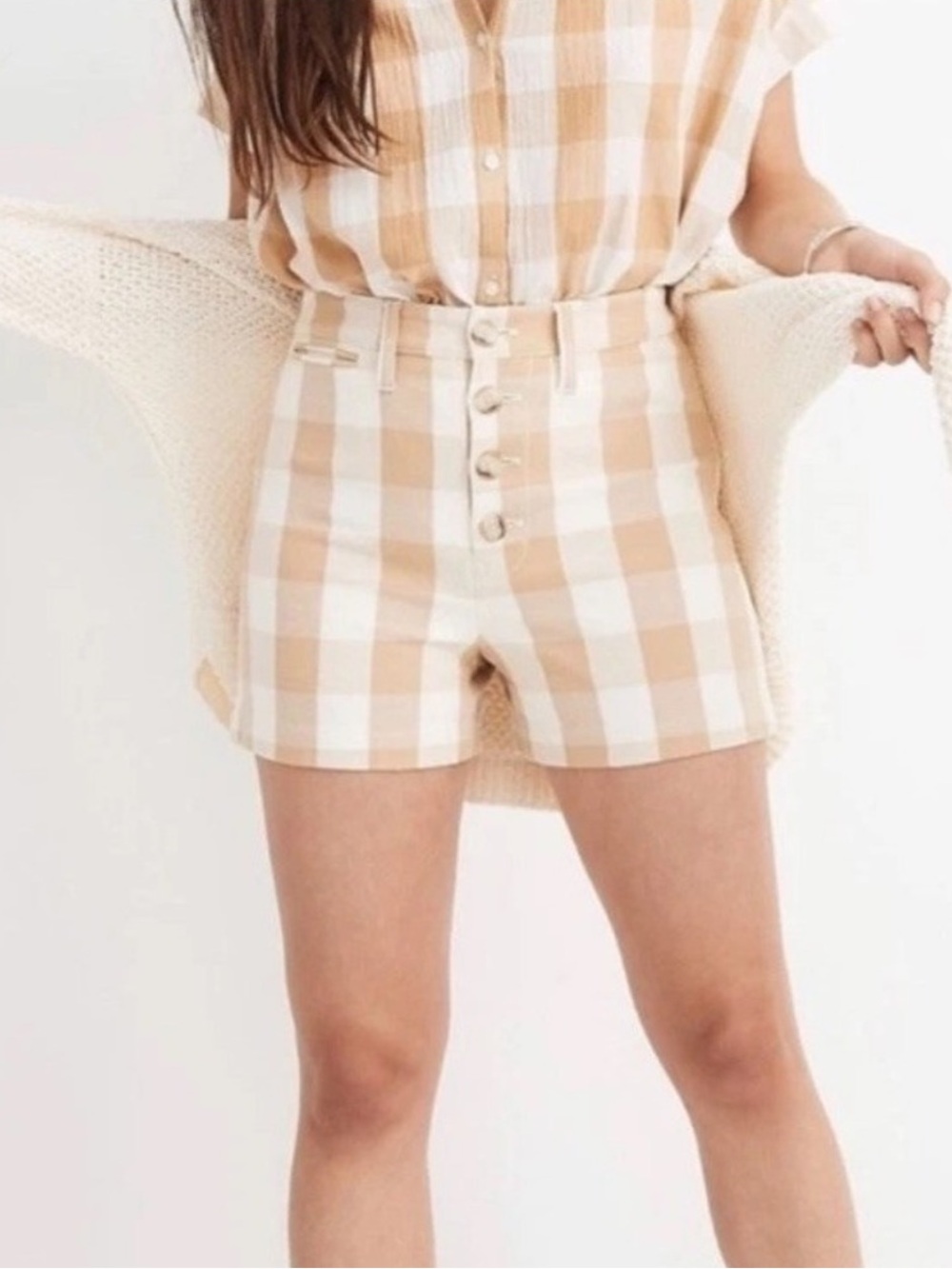 Madewell Emmett Picnic Shorts Gingham Checked Tan White Button Fly Size 25